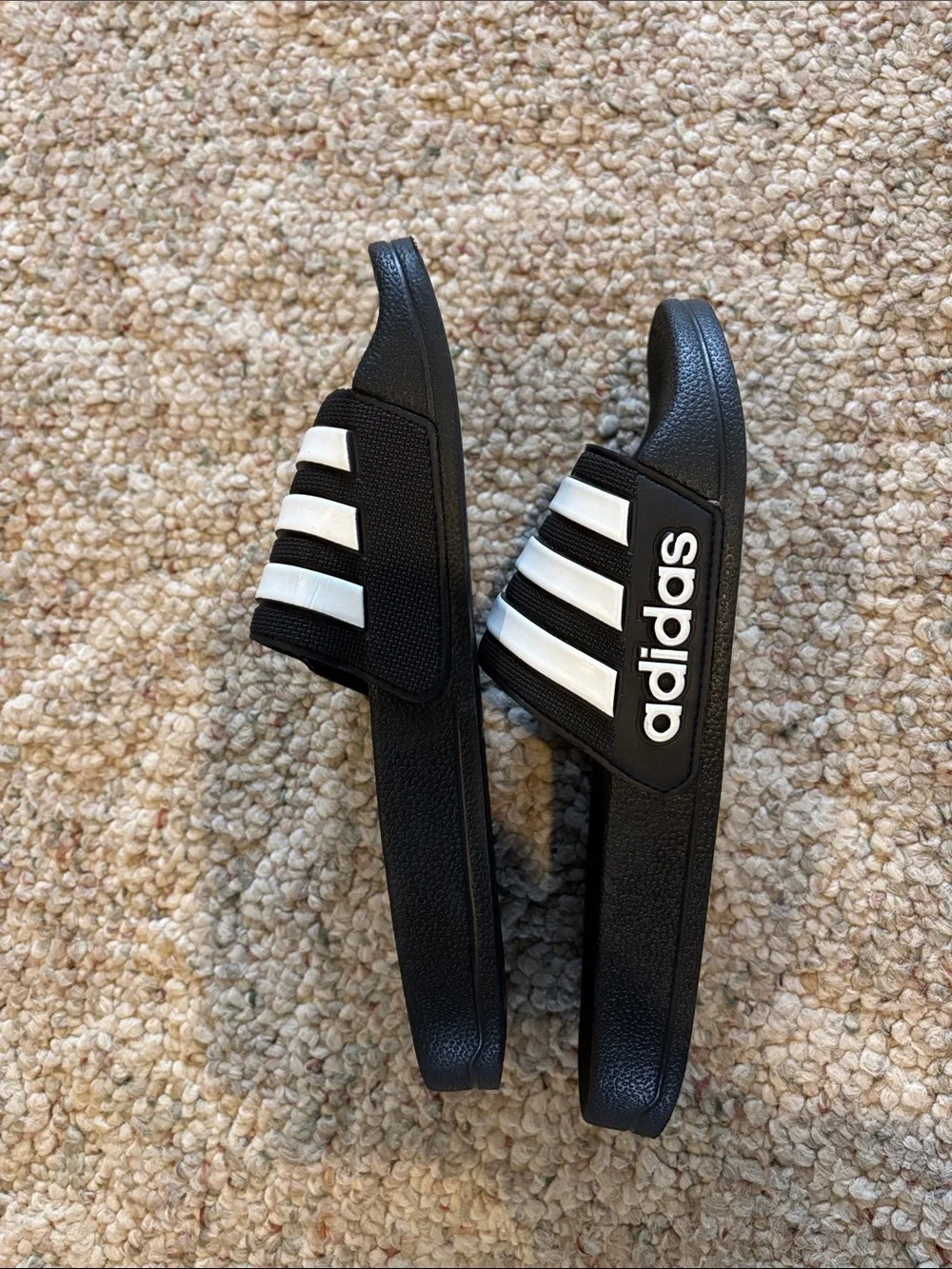 adidas Black Slides with White Three-Stripes